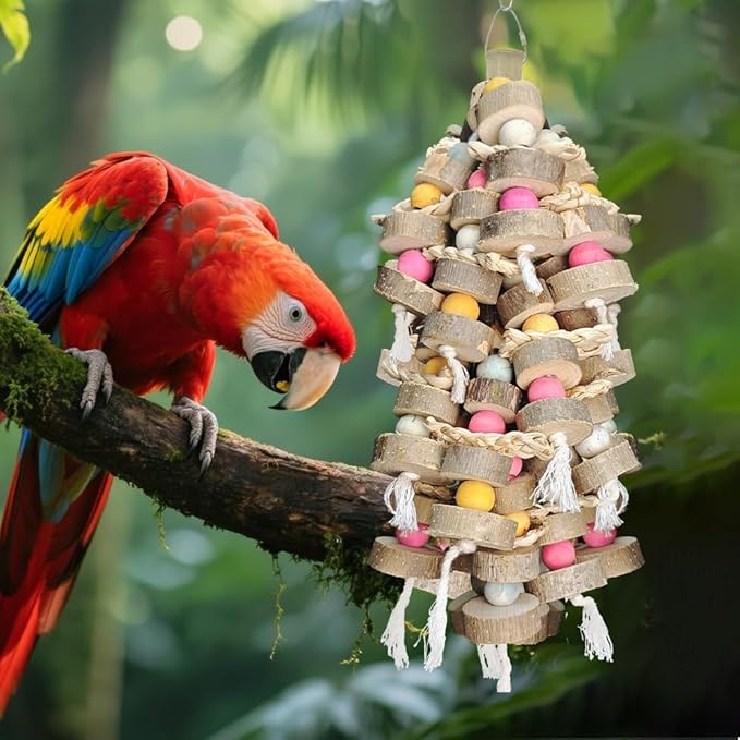 Large Bird Toys for Parrots Toys Natural Colored Wooden Bird Cages Chew Accessories for Macaws, Cockatoos, African Grey, and Amazon Parrots