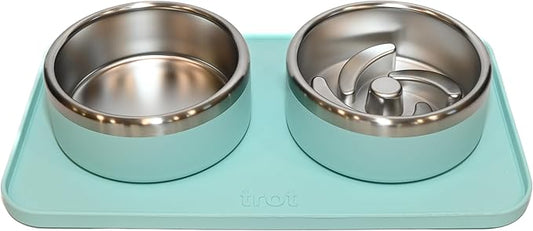 Trot Pets Premium Dog Bowls | Stainless Steel Bowl Set for Small, Medium, or Large Dogs | Non-Slip Food and & Water Slow Feeder | Durable, BPA-Free, Anti-Skid, Dishwasher Safe (Sky, Small)
