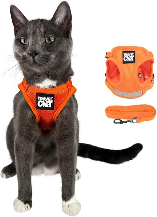 Travel Cat Harness and Leash Set - Adjustable Fit Mesh Cat Harness and Reflective Strap - Comfort Walking Vest for Kitten for Outdoor Walking, Hiking (Large, Orange)