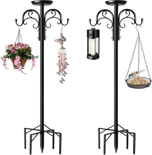 Double Shepherds Hooks for Outdoor Heavy Duty, Adjustable Shepherds Hook, 2 Pack 92 inch with 5 Prongs Base, Garden Hooks for Hanging Bird Feeders, Hanging Plants, Solar Light Lantern