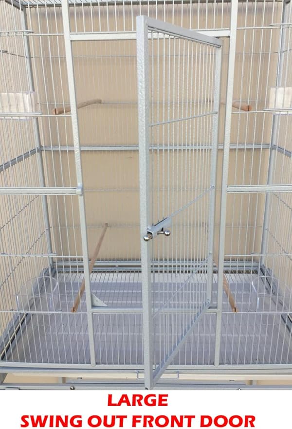 Large Double Center Divider Birdhouse Treehouse Bird Flight Parrot Breeder Cage Feeder Doors Side Breeding Nest Doors Easy Clean Pull Out Tray with Removable Rolling Stand