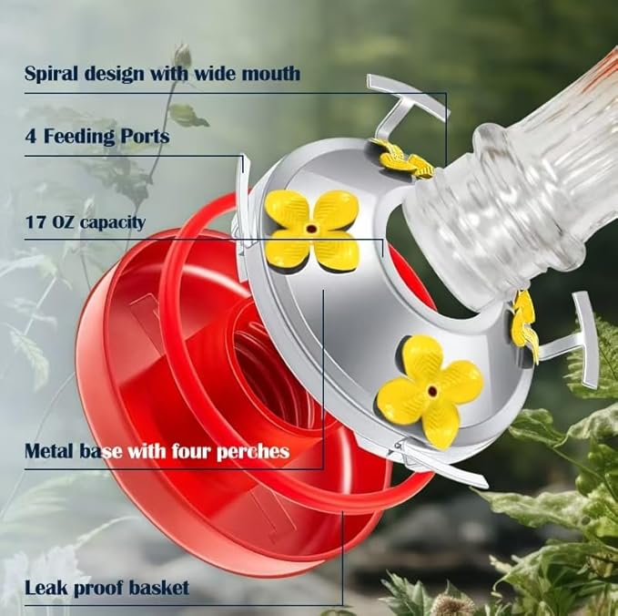 Hummingbird Feeder for Outdoors,17 OZ Glass Humming Bird Feeder for Garden Decor,Four Flowers Feeding Ports,Leak Proof,Ant Moat Included,Humming Gifts for Women