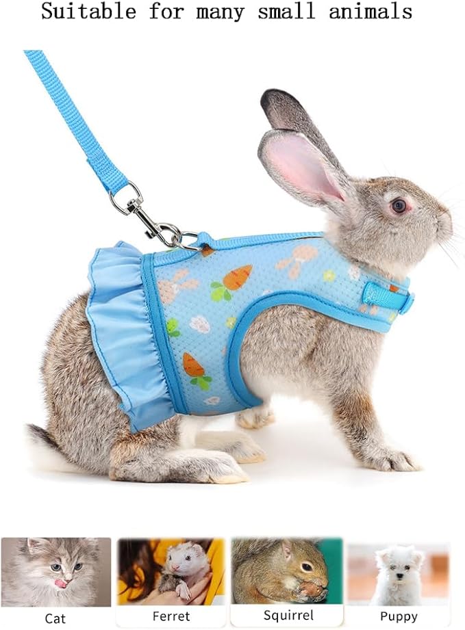 Bunny Harness and Leash,Proof Walking Escape Cute Floral Mesh Vest Breathable Rabbit Clothes for Bunnies, Hiking, Training for Ferret Kitten Puppy Small Pet Harness Blue S