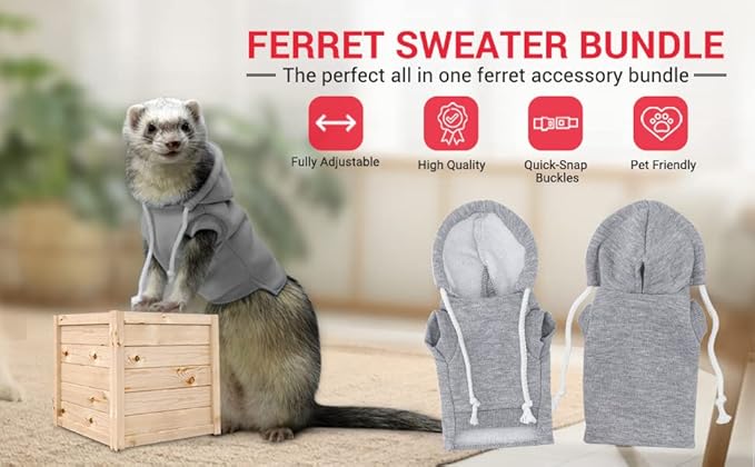Gray Ferret Sweater, Harness, and Leash Set - Clothes for Small Pets - Ferret Stuff and Accessories - Hoodies for Ferrets - Small Pet Accessories