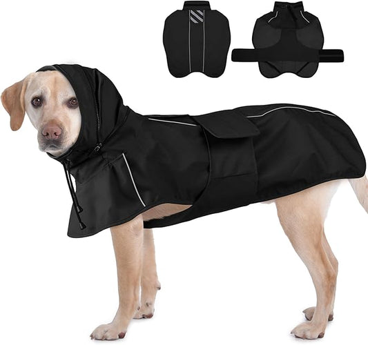 Dog Raincoat Waterproof , Reflective Adjustable Rain Jacket with Leash Hole, Convertible Hood/Collar Rain Coat for Dogs Poncho Breathable Lightweight (Black, XL)