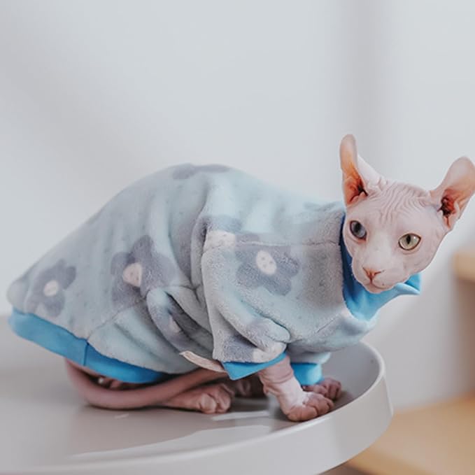 Cat Flannel Floral Clothes, Warm Soft Winter Jumpsuit Flower Prints Sweater Shirt Clothing for Hairless Sphynx, Devon & Indoor Kittens (Blue, XS)
