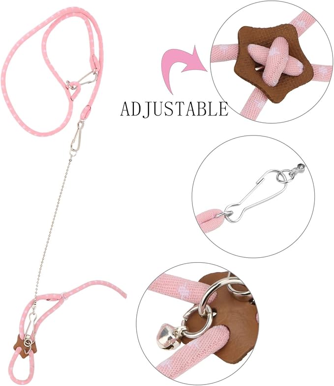 Hypeety Hamster Adjustable Training Lead Leash Nylon for Hamster Rat Squirrel Gerbil Pet Cage Playhouse Leashes Band Finder Collar Bell (Pink)