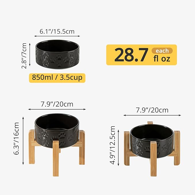 Elevated Ceramic Dog Bowls 2 Pack, 6.1" Individual Dog Bowl with 2 Fixed Height Stand, 3.5 Cup Food and Water Bowls for Small Dogs, Microwave Safe (Double Bowls + Double Stands - Black, 6 inch)