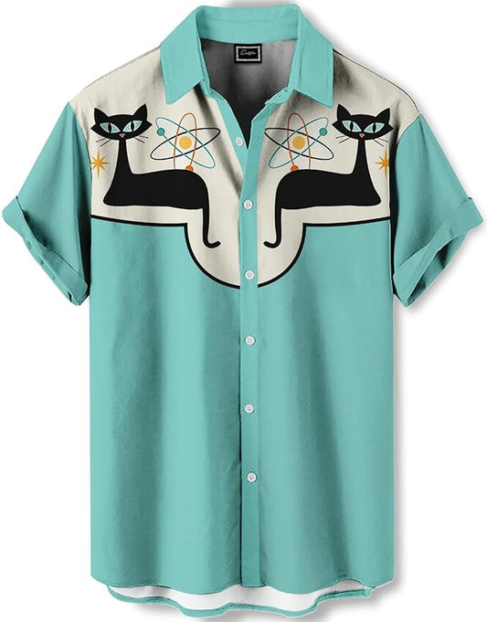 Men’s Hawaiian Shirt Western Cowboy Symmetrical Print Short Sleeve Button Down Casual Beach Holiday Summer Shirt