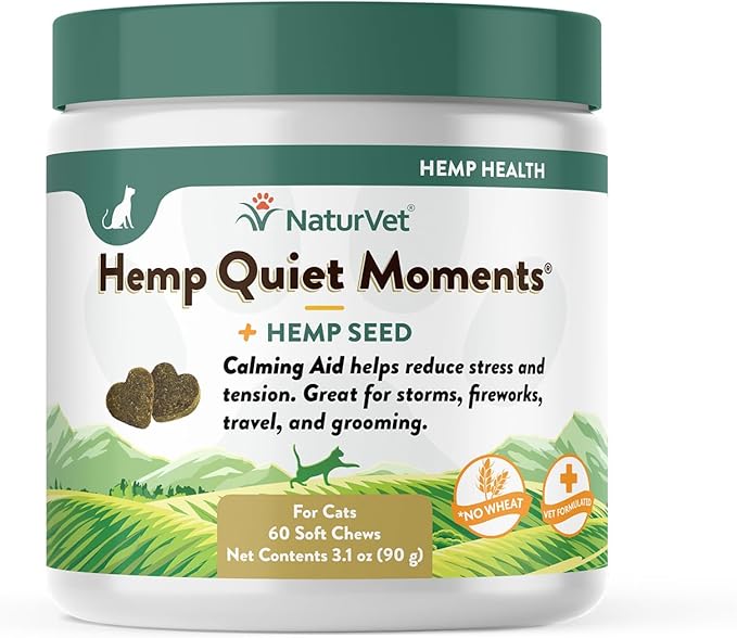 NaturVet Hemp Quiet Moments Plus Hemp Seed for Cats, 60 ct Soft Chews, Made in USA