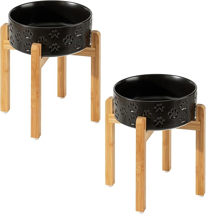 Elevated Ceramic Dog Bowls 2 Pack, 8.3 inch Raised Dog Bowl for Large Sized Dogs, 10" Wide x 11" Tall with Non-Slip Bamboo Stand, Dishwasher Safe (Double Bowls + Double Stands - Black, 8 inch)