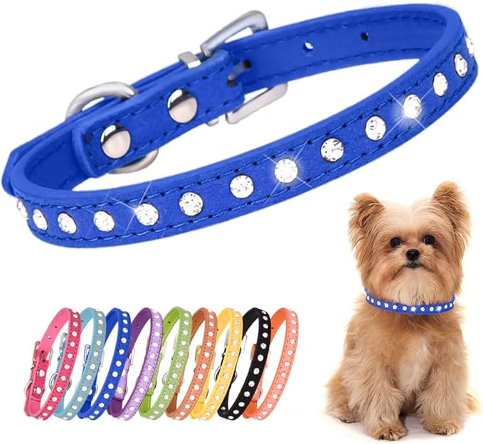 Blue Rhinestone XS Dog Collar, Pretty Bling Diamond Cat Collar Crystal Jewel Glitter Puppy Collar for XXS Xs Small Medium Female Pet Girl Dogs Kitten, XSmall