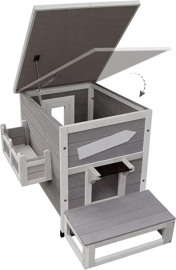 Rockever Outdoor Cat House, Large Outdoor Houses for Feral Cats Wooden Outside Cat Shelter Weatherproof with Escape Door