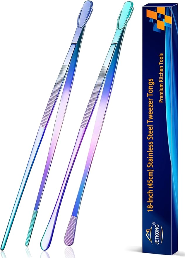 JETKONG 2 Pcs 18 Inch (45cm) Stainless Steel Grill Tongs Heavy Duty Giant Tweezer Tongs, Extra Large Tweezers Tools for Cooking, Grilling, BBQ and Turning Food (Rainbow)