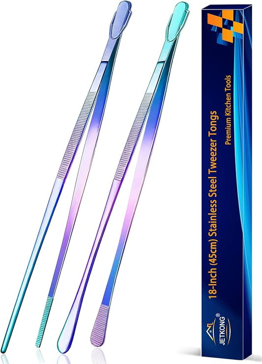 JETKONG 2 Pcs 18 Inch (45cm) Stainless Steel Grill Tongs Heavy Duty Giant Tweezer Tongs, Extra Large Tweezers Tools for Cooking, Grilling, BBQ and Turning Food (Rainbow)