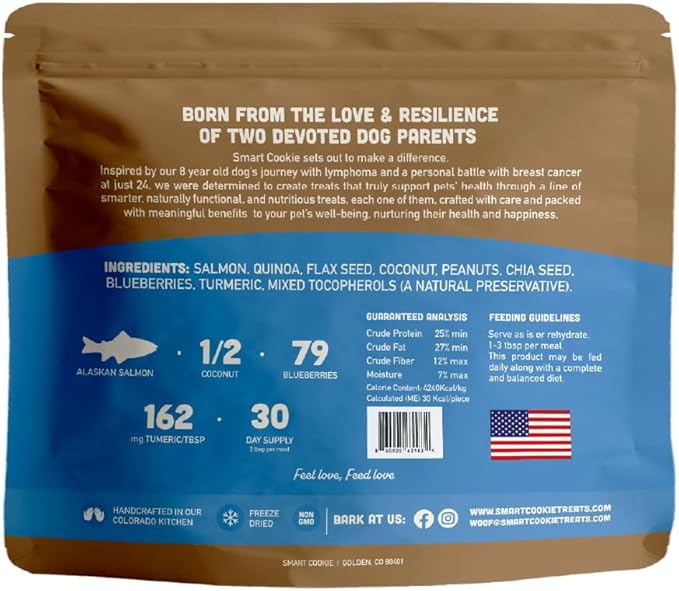 Smart Cookie Natural Dog Food Topper - Superfood - Salmon Dog Meal Mixer for All Ages - Food Topper for Picky Eaters and Boosting Nutrition - Non GMO, Made in The USA - 15 oz Bag (30 Day Supply)