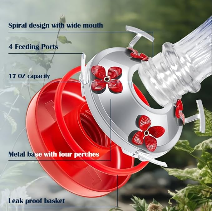 Hummingbird Feeder for Outdoors,17 OZ Glass Humming Bird Feeder for Garden Decor,Four Flowers Feeding Ports,Leak Proof,Ant Moat Included,Humming Gifts for Mom/Women