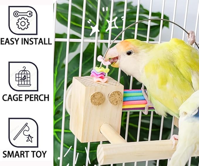 Parrot Cage Toy(4 Functions) Perch Standing with Colorful Beads Foraging Smart Toy Soft Corks for Small to Regular Size Parrot Cockatiel Birds