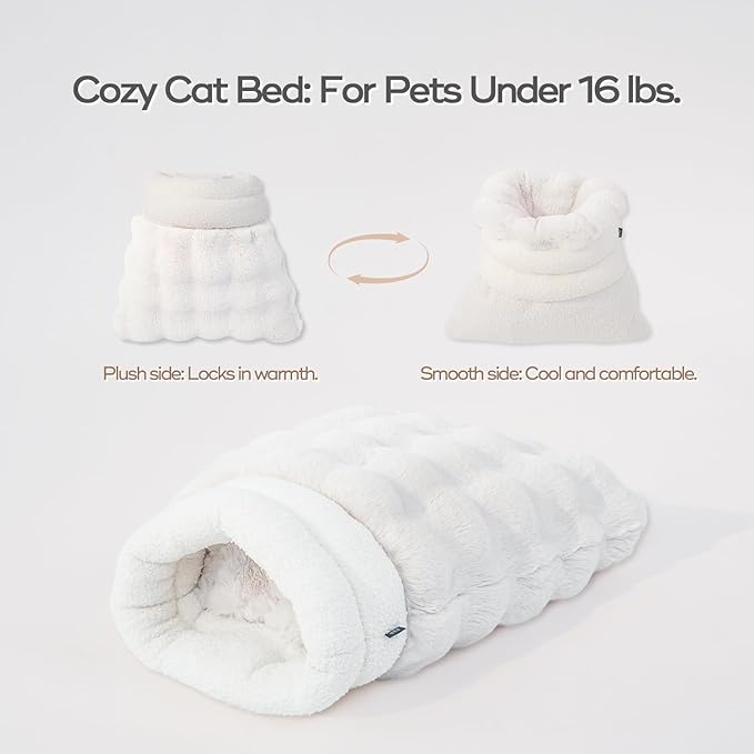 4 in 1 Cat Sleeping Bag Plush Self Warming Cat Bed Snuggle Bag Blanket Mat Cave (Small Cats Up to 15 lbs) White 21 × 17 Inch