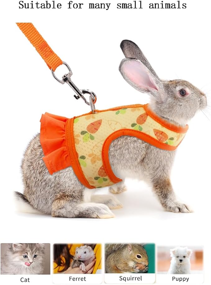 Bunny Harness and Leash,Proof Walking Escape Cute Floral Mesh Vest Breathable Rabbit Clothes for Bunnies, Hiking, Training for Ferret Kitten Puppy Small Rabbit Harness Orange L