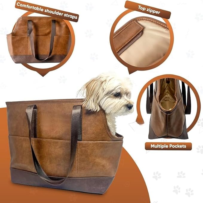 Premium Pet Carrier Tote Bag with Multiple Pockets, Brown/White PU Leather, 18.5L x 7W x 11.5H inches (Brown)
