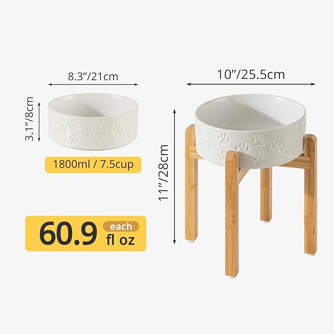 Elevated Ceramic Dog Bowls 2 Pack, 8.3 inch Raised Dog Bowl for Large Sized Dogs, 10" Wide x 11" Tall with Non-Slip Bamboo Stand, Dishwasher Safe (Double Bowls + Double Stands - White, 8 inch)