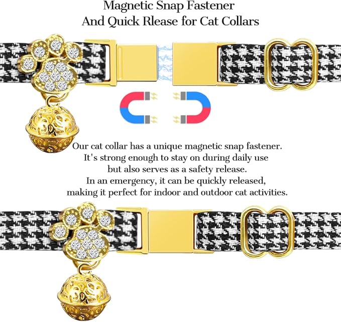 Personalized Breakaway Cat Collars - Magnetic Buckle, Bell - Safety Quick Release, Customized for Girls & Boys Cats- (Houndstooth-Black)
