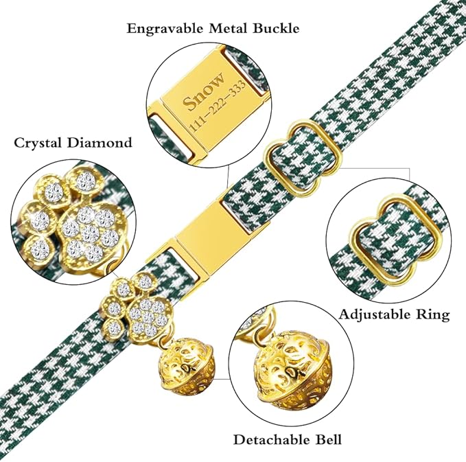 Personalized Breakaway Cat Collars - Magnetic Buckle, Bell - Safety Quick Release, Customized for Girls & Boys Cats- (Houndstooth-Green)