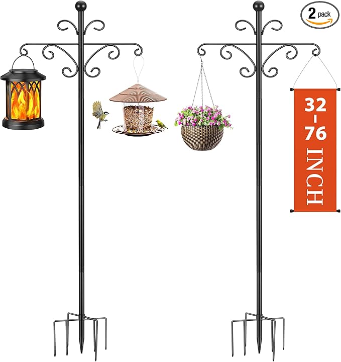 Bird Feeder Pole for Outdoors Heavy Duty Squirrel Proof, 2 Pack 76 Inch Adjustable Tall Shepherds Hooks for Outdoor with 7 Prongs Base, Double Shepherd Hooks (2 Pack Black, 76 Inch)