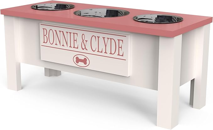 GrooveThis Woodshop - Personalized Elevated Triple Dog Bowl Stand for Large, Medium, Small, X-Small Dogs - 3 Stainless Steel Food and Water Bowls - Raised Dog Dish with Internal Storage (Large, Pink)