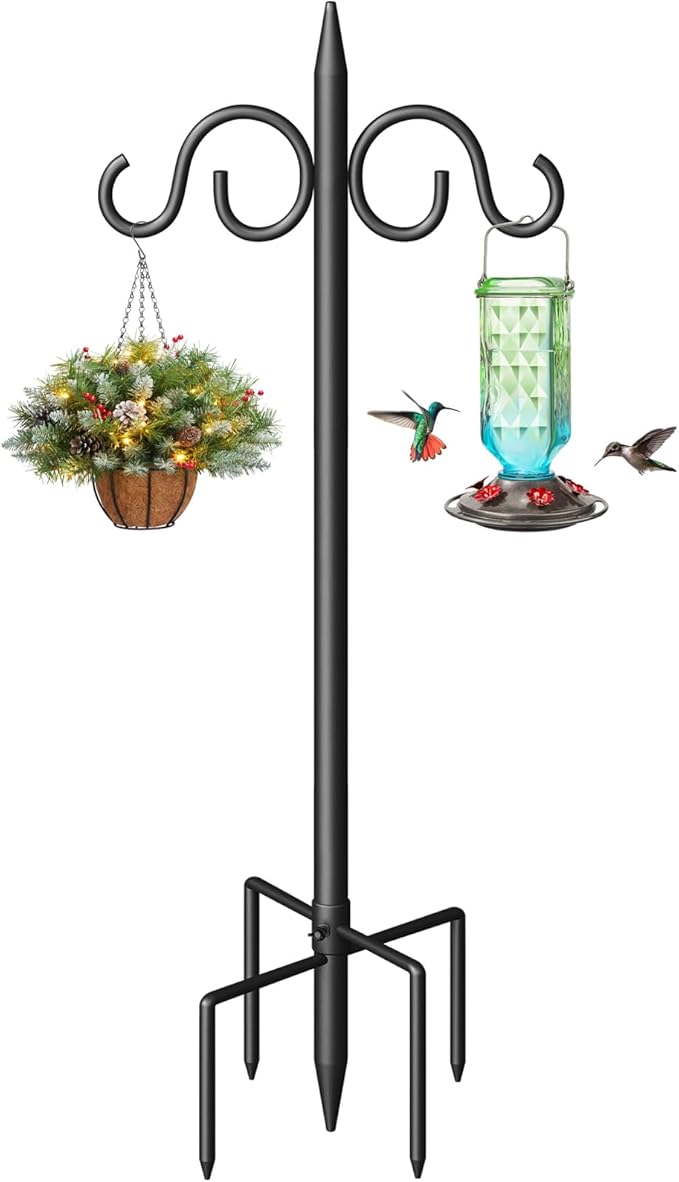 Double Shepherds Hooks for Outdoor, 76 Inch Heavy Duty Bird Feeder Pole with 5 Prongs Base, Adjustable Shepherds Hook for Bird Feeder, Garden, Weddings, Hanging Plant, 1 Pack