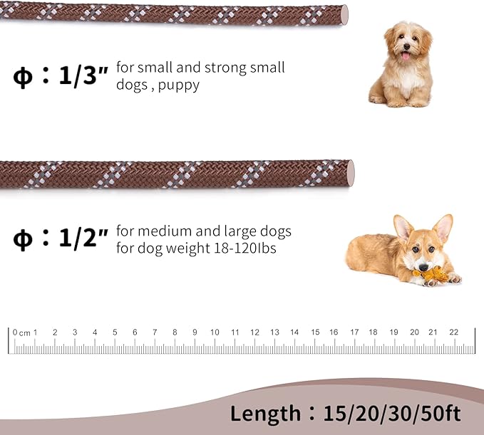Long Dog Leash for Training 50Ft-Reflective Nylon Rope with Swivel Hook-Recall Agility Lead for Large Small Medium Dogs Outside Walking Hiking-Brown Diam 1/2"