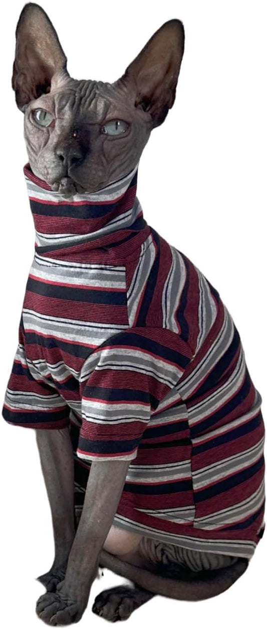 Vintage Stripes Sphynx Hairless Cats Shirt Cotton Cat Turtleneck Pet Clothes Kitten T-Shirts with Sleeves for Sphynx Cats (Old School, XX-Large)