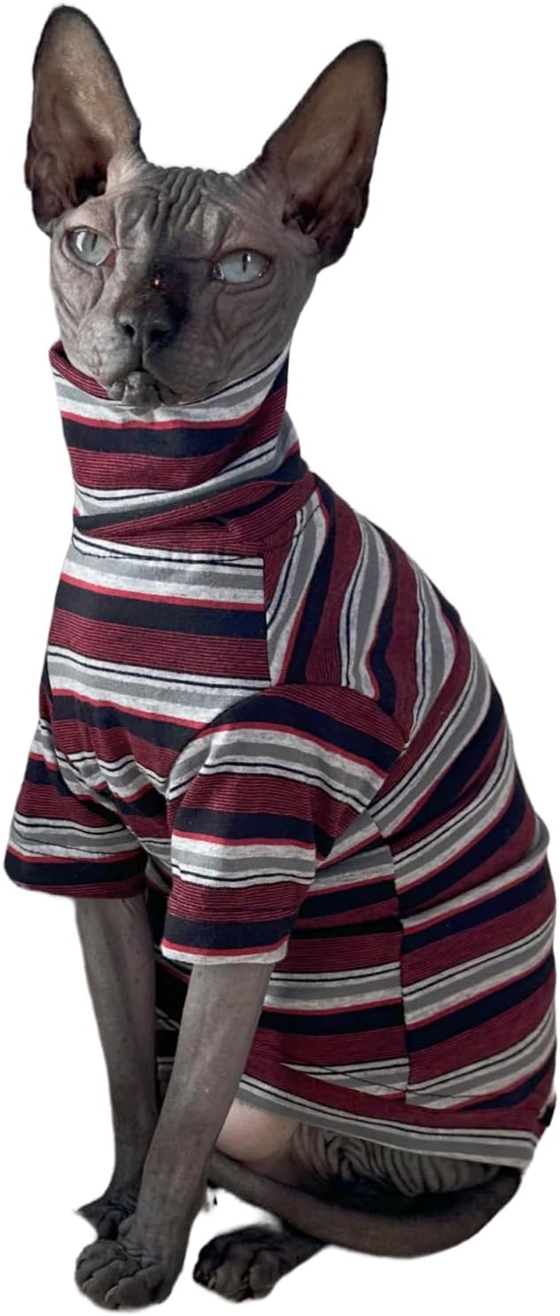 Vintage Stripes Sphynx Hairless Cats Shirt Cotton Cat Turtleneck Pet Clothes Kitten T-Shirts with Sleeves for Sphynx Cats (Old School, Small)