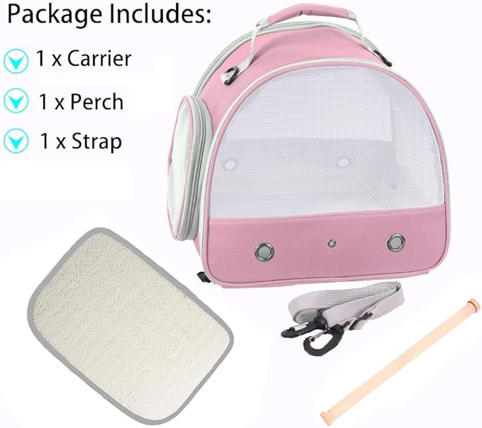 Bird Carrier, Portable Small Bird Parrot Parakeet Carrier with Standing Perch, Side Access Window Collapsible (Pink, Mesh Windows)