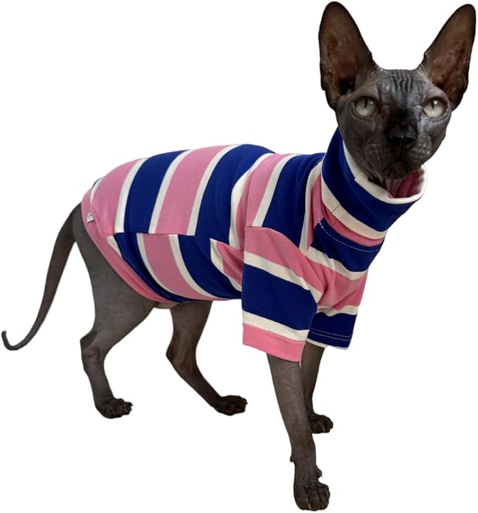 Vintage Stripes Sphynx Hairless Cats Shirt Cotton Cat Turtleneck Pet Clothes Kitten T-Shirts with Sleeves for Sphynx Cats (Wide Pink Blue Stripe, XX-Large)