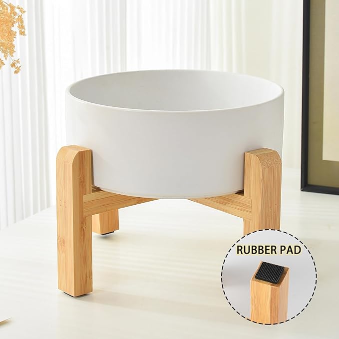 8'' Ceramic Raised Dog Bowl - 70Oz Dog Food & Water Bowl with Elevated Non-Slip Bamboo Stand, Dishwasher & Microwave Safe, Anti Vomiting Heavy Duty Pet Bowl for Medium and Large Dogs, Yellow