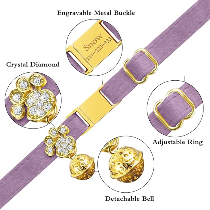 Personalized Breakaway Cat Collars - Magnetic Buckle, Bell - Safety Quick Release, Customized for Girls & Boys Cats- (Velvet-Deep Purple)