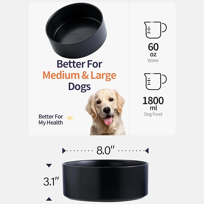 Black Elevated/Raised Dog Bowl Ceramic for Medium Large Sized Breed,Dog Food Water Bowl with Stand,8 in 7.6 Cups Non Slip Heavy Weighted