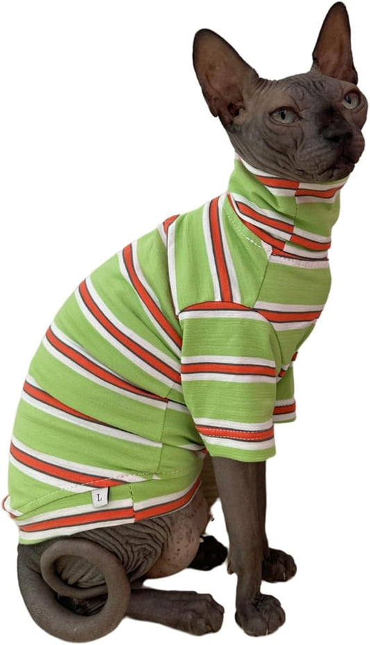 Vintage Stripes Sphynx Hairless Cats Shirt Cotton Cat Turtleneck Pet Clothes Kitten T-Shirts with Sleeves for Sphynx Cornish Rex, Devon Rex, Peterbald (Orange & Green, X-Large (Pack of 1))