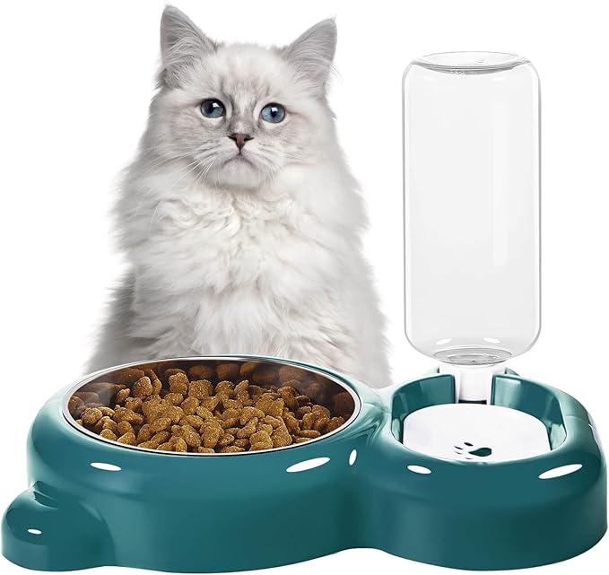 Dog Bowls, Cat Food and Water Bowl Set with Water Dispenser and Stainless Steel Bowl for Cats and Small Dogs - Dark Green
