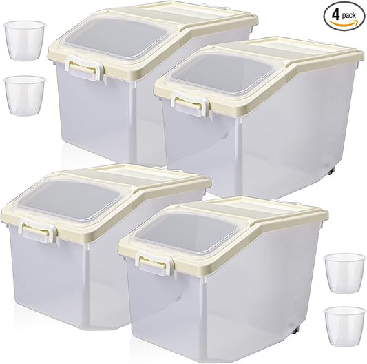 Sunnyray 4 Pcs Rice Storage Container 27.6 lb Airtight Flour Container with Wheels and Lids Measuring Cup Clear Pet Food Dog Birds Cat Food Bin Grain Cereal Organizer Box (Cream)