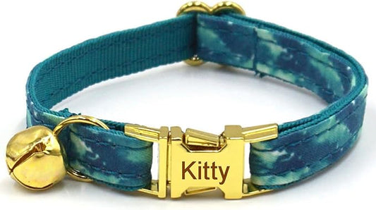Personalized Cat Collar with Bells,Velvet Customized Small Cat Collar with Name Tag,Pet Collar with Name Phone Number Engraved ID Tags for Boy and Girl Kitten Cats (Peacock)