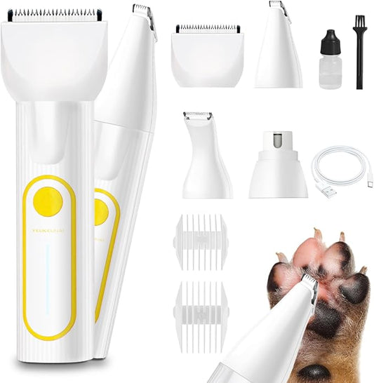 Dog Clippers Grooming Kit, 4-in-1 Electric Cordless Low-Noise Dog Paw Trimmer, Shave, Nail Trimmer and Nail Grinder Suitable for Small and Medium-Sized Pet (White)