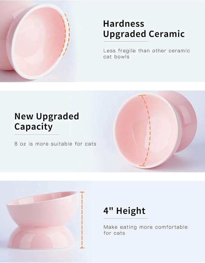 Cat Water Bowl, 16 OZ Ceramic Elevated Cat Bowls, 15° Tilted and Raised Pet Food Dish, Anti Vomiting Protect Pets' Spines and Whisker Fatigue