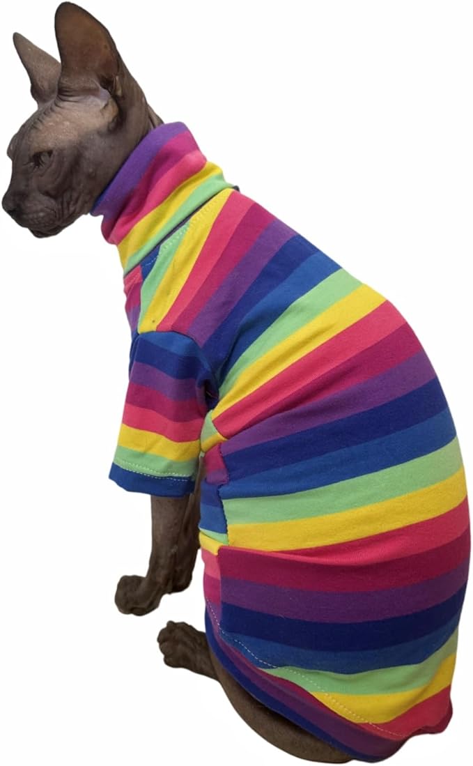 Vintage Stripes Sphynx Hairless Cats Shirt Cotton Cat Turtleneck Pet Clothes Kitten T-Shirts with Sleeves for Sphynx Cornish Rex, Devon Rex, Peterbald (Rainbow Stripe, Large (Pack of 1))