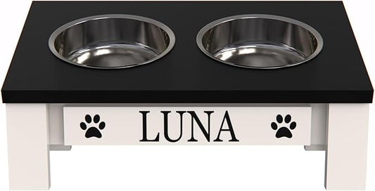 GrooveThis Woodshop Luxury Pet Feeder - Elevated Stand with Stainless Steel Bowls for Small Dogs & Cats, Anti-Slip, Easy Clean, Chic & Durable Design (Tilted, Black)