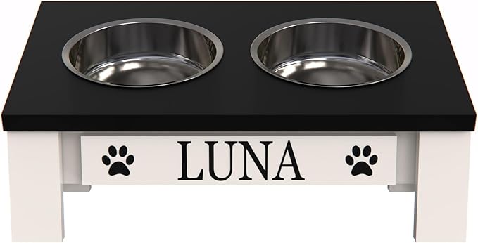 GrooveThis Woodshop Luxury Pet Feeder - Elevated Stand with Stainless Steel Bowls for Small Dogs & Cats, Anti-Slip, Easy Clean, Chic & Durable Design (Tilted, Black)