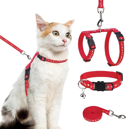 PAWCHIE Cat Harness with Leash and Collar Set - Escape Proof Adjustable H-shped Cat Harness with Star and Moon Pattern Glow in The Dark for Kitty Outdoor Walking, Red M