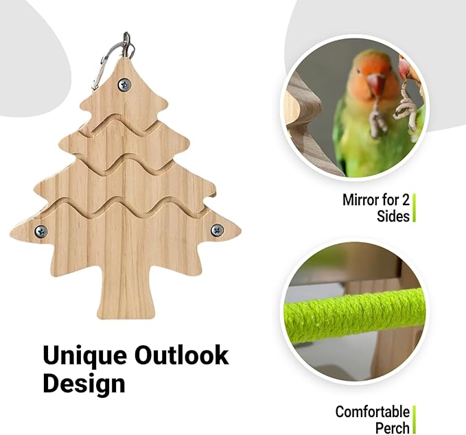 Bird Toys, Wooden Swing with Mirror and Perches for Cage, Bird Cage Accessories for Budgie, Lovebird, Green Cheek, Cockatiel, Conure, Quaker, Caique and Other Small to Medium Birds
